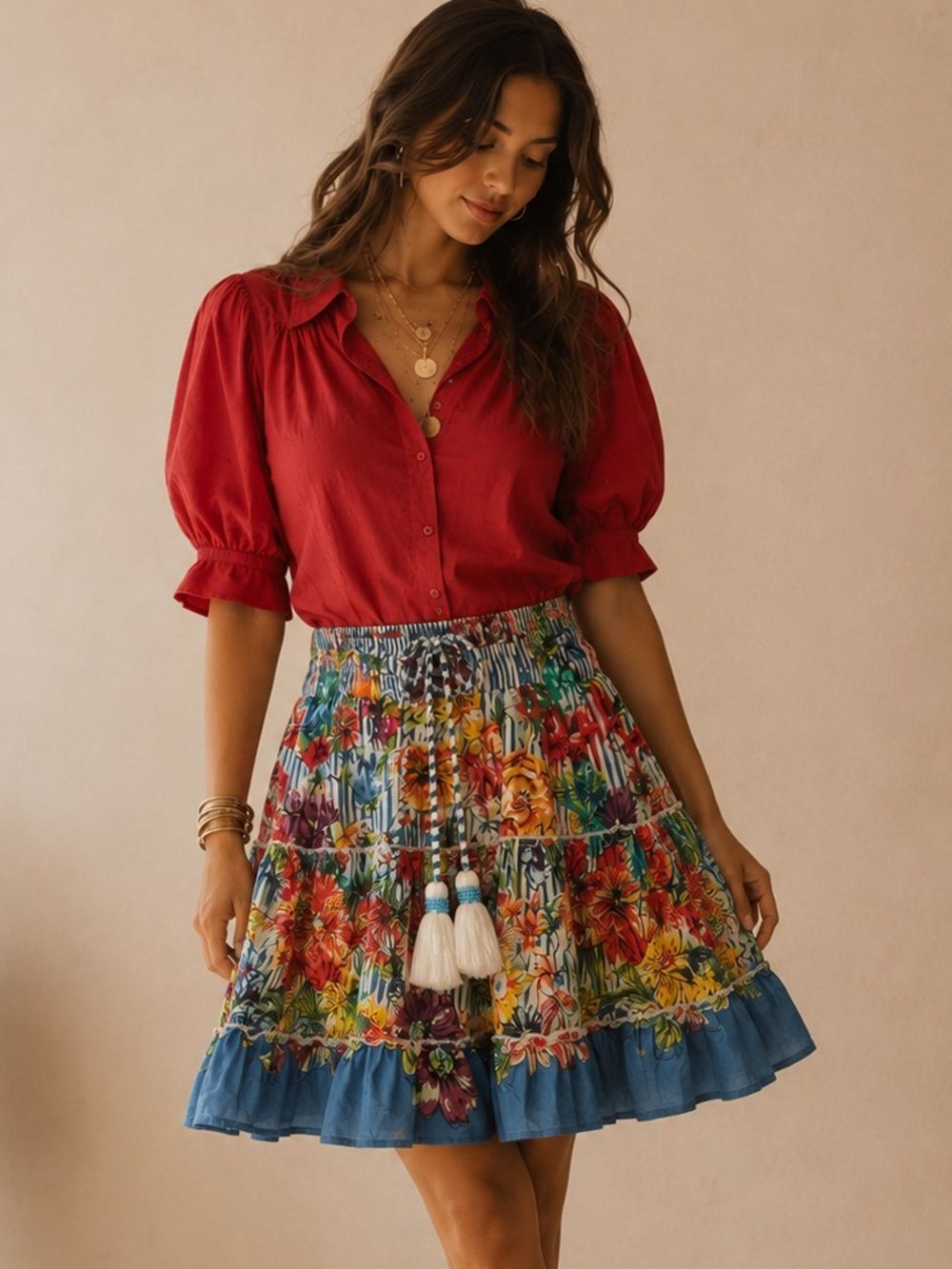 Chloe Laetitia Boho Floral Tiered Mini Skirt | Tassel Tie Waist | Cotton
